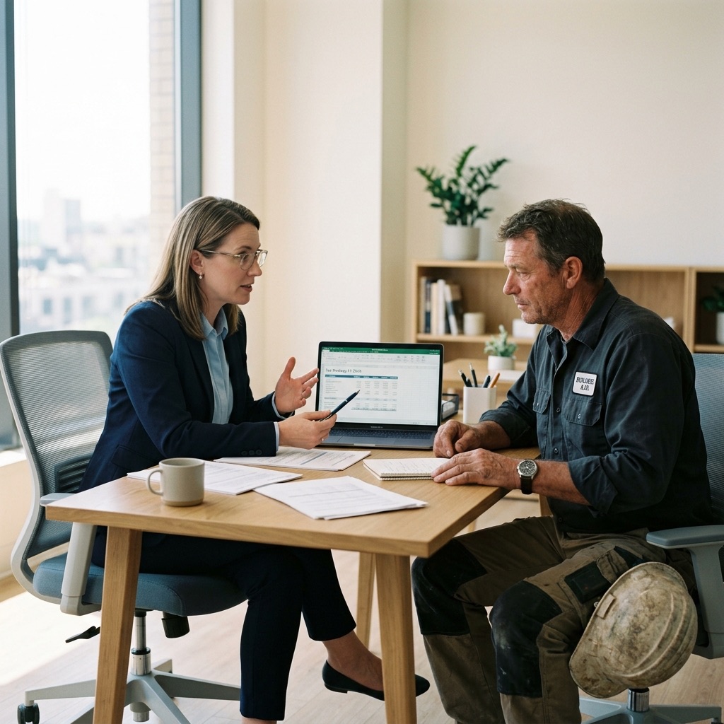 Bookkeeper reviewing QuickBooks with a contractor client